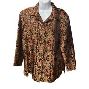 Draper's & Damon's Paisley‎ Blouse Long Sleeve Button Up L Black Red Gold